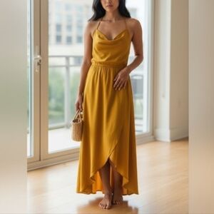 MUSTARD SEED ASSYMETRICAL SPAGHETI STRAP MAXI DRESS